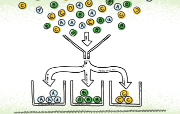 Illustration of funnel sorting balls with letters on them.